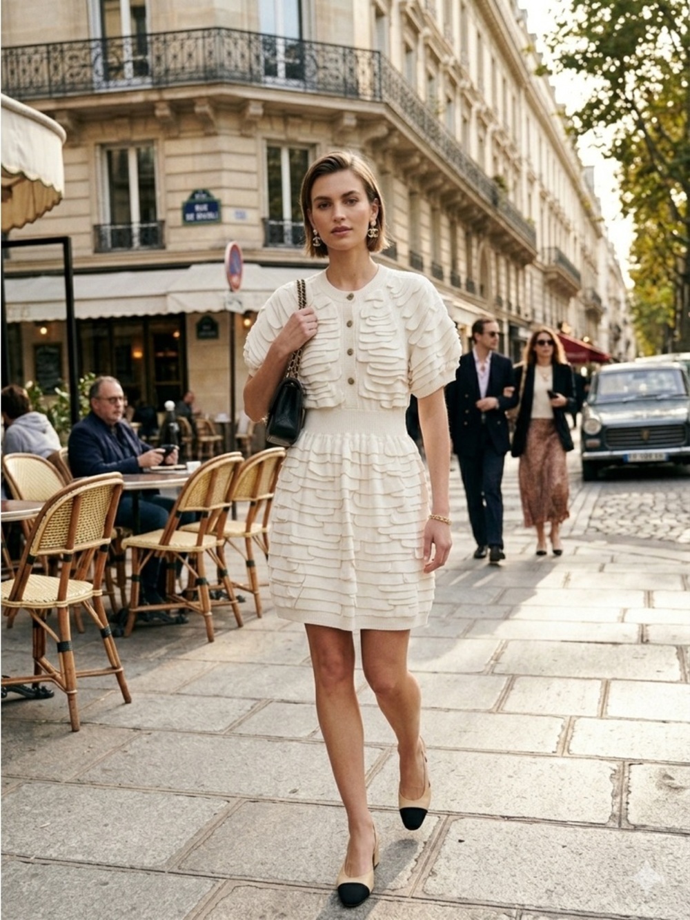 Chanel White Cotton-Linen Ruffle Knit Fit & Flare Dress - US 6 (38)
